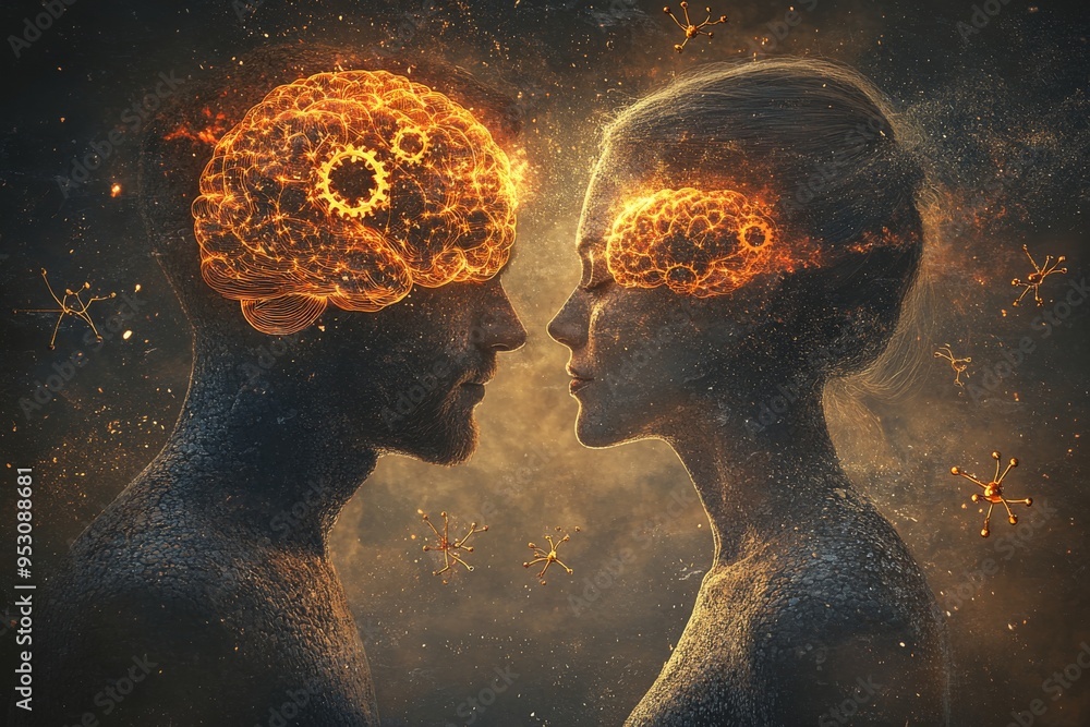 Poster digital art of two human profiles facing each other illustrating the fusion of minds with gears and 