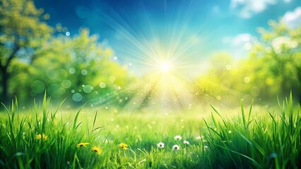 Obraz premium Sunny spring meadow with blurred blue sky gradient background and lush green grass