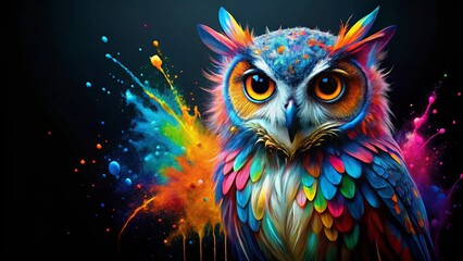 Naklejka premium Colorful owl splattered with paint on black background with multicolored paint drops