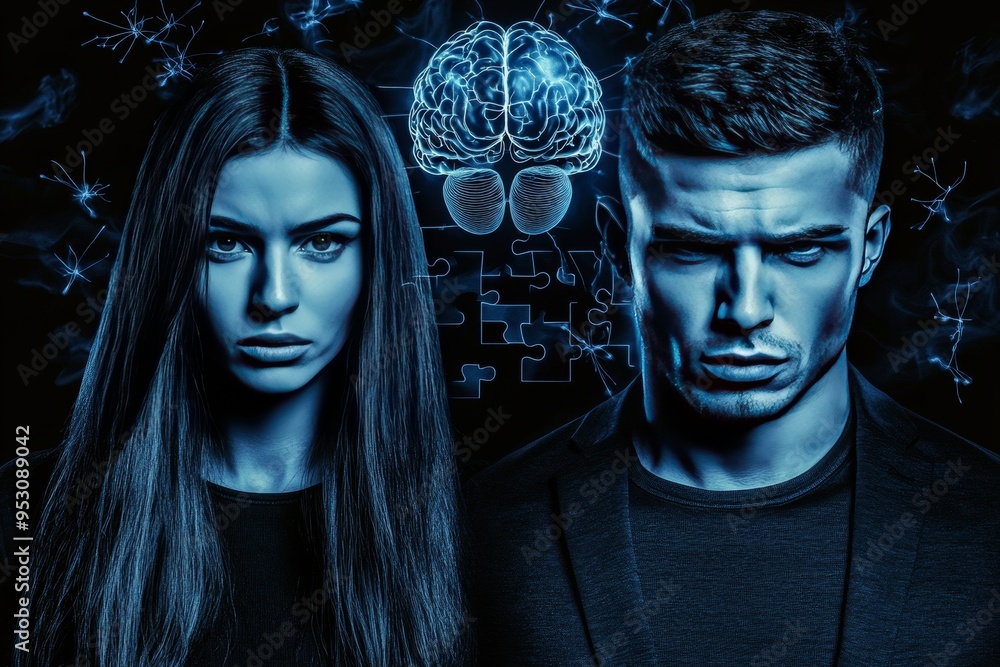 Poster moody portrait of a serious couple with brain networks in the background conveying mental focus intr