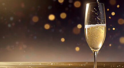 A closeup of a New Year's Eve champagne flute filled with bubbly champagne, capturing the effervescent bubbles rising to the top, with a hint of a festive confetti-covered table in the background, 