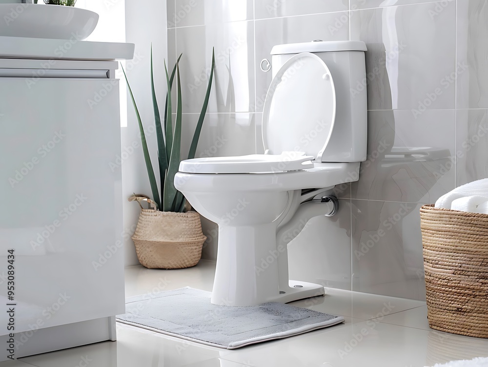 Wall mural Bathroom with mirror, porcelain sink with foot of the same material, white tub and aluminum