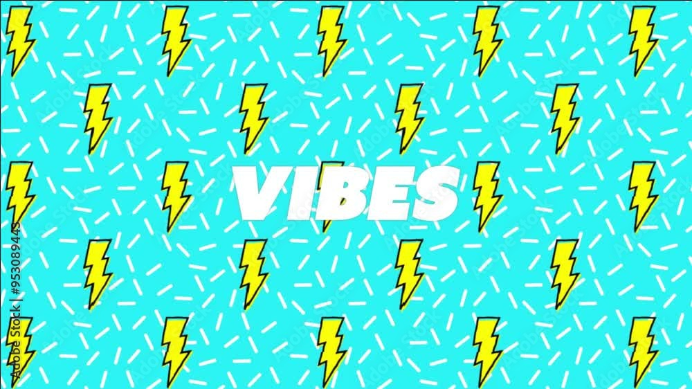 Canvas Prints VIBES text animation over yellow lightning bolts and blue background with white sprinkles