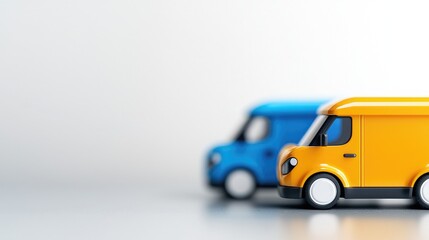 Colorful mini trucks in blue and orange, ideal for transportation concepts, logistics, or playful design themes.
