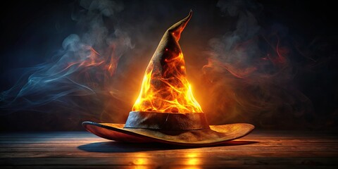 Mystical witch's hat with fiery glow representing magic power, Halloween darkness, and the supernatural