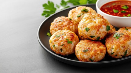 Fototapeta premium Delicious golden fried balls served with a spicy dipping sauce, a perfect appetizer for any gathering or celebration.