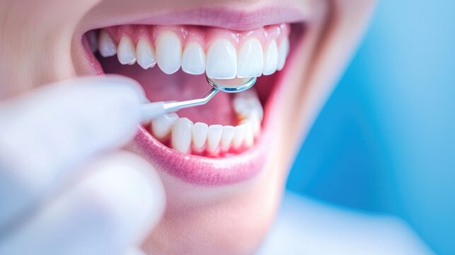 Detailed view of an open mouth during a dental examination, highlighting healthy teeth and gums.