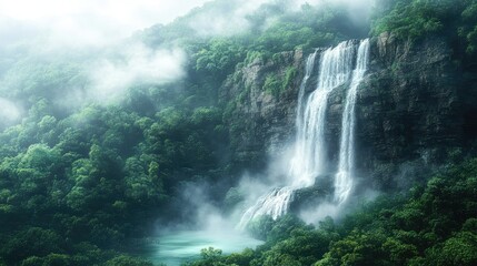 A majestic waterfall cascading down a rugged cliff into a crystal-clear pool below, surrounded by lush green forest and mist.