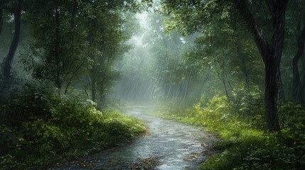 Fototapeta premium A serene forest path during a rain shower, with water droplets clinging to leaves and light fog drifting between the trees.