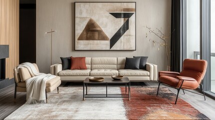 A contemporary living room featuring geometric wall art, sleek furniture, and a stylish rug with a color-coordinated throw blanket.