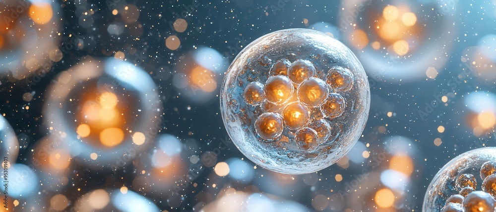 Poster a close-up view of vibrant cells illuminated by shimmering light, showcasing intricate details of ce