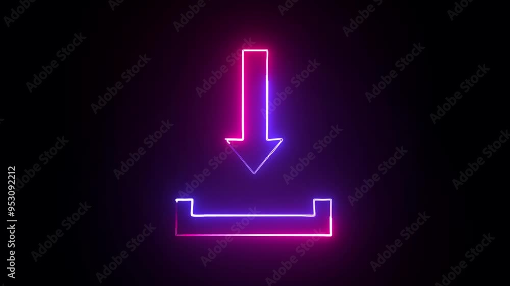 Poster neon red and blue color downloading arrow concept. vector sign logo with glowing colors. neon animat