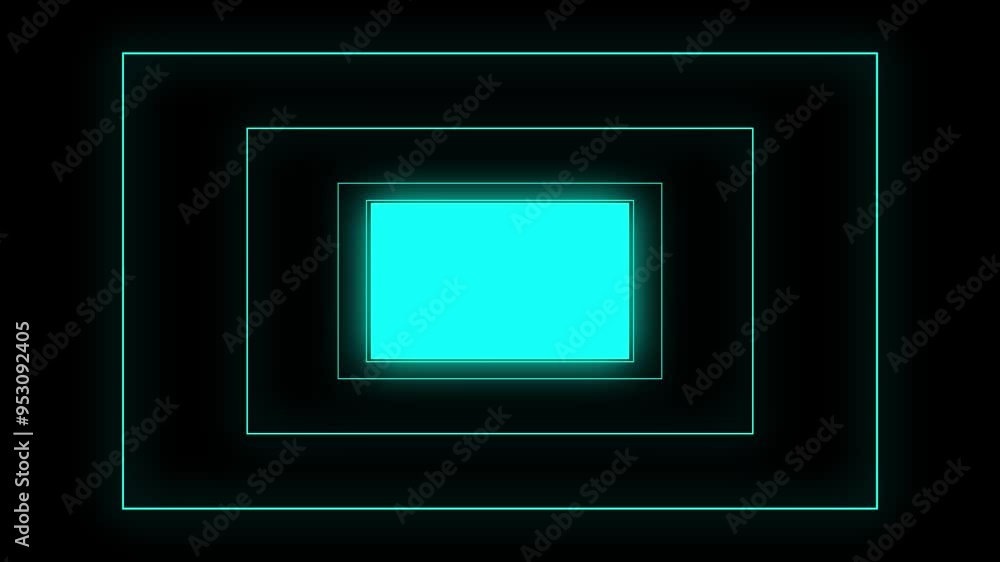 Poster cyan color glowing neon light box rectangle tunnel animation seamless animation with black backgroun