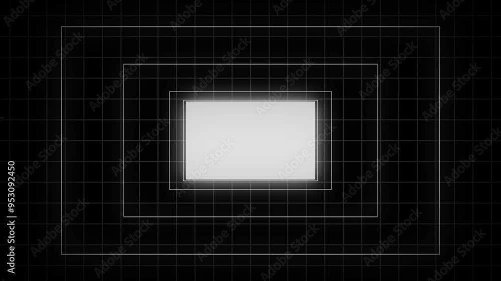 Poster white color glowing neon light box rectangle tunnel animation seamless animation with black backgrou