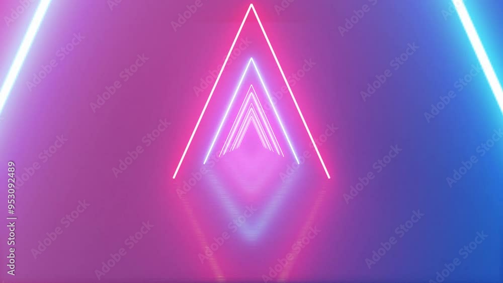 Poster neon glowing triangle tunnel with blue light lines moving fast. background futuristic corridor with 