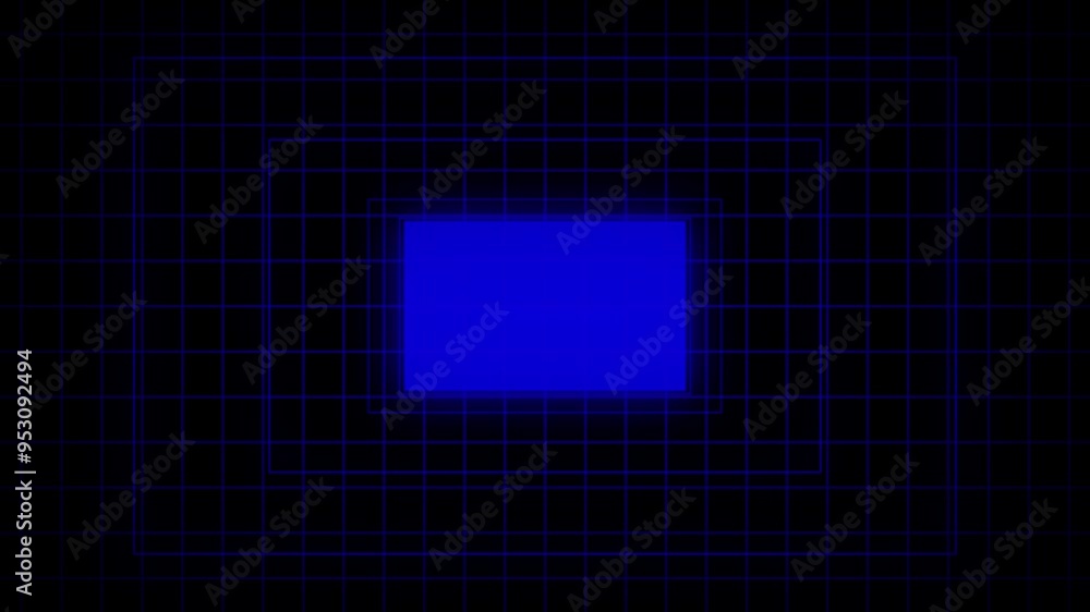 Poster blue color glowing neon light box rectangle tunnel animation seamless animation with black backgroun