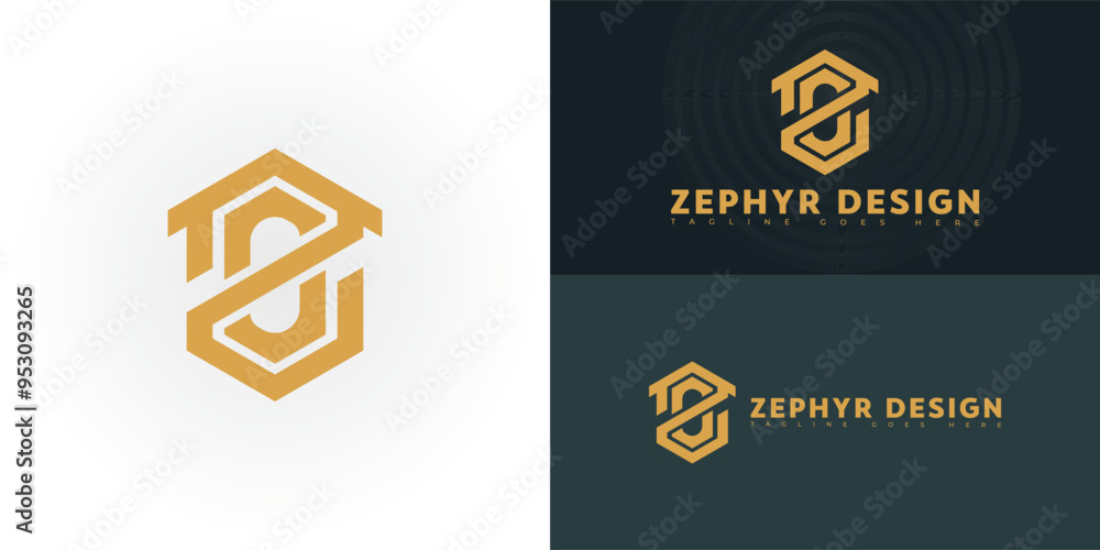 Aufkleber modern hexagon vector initial letter zd or dz logo in gold color isolated on multiple background col