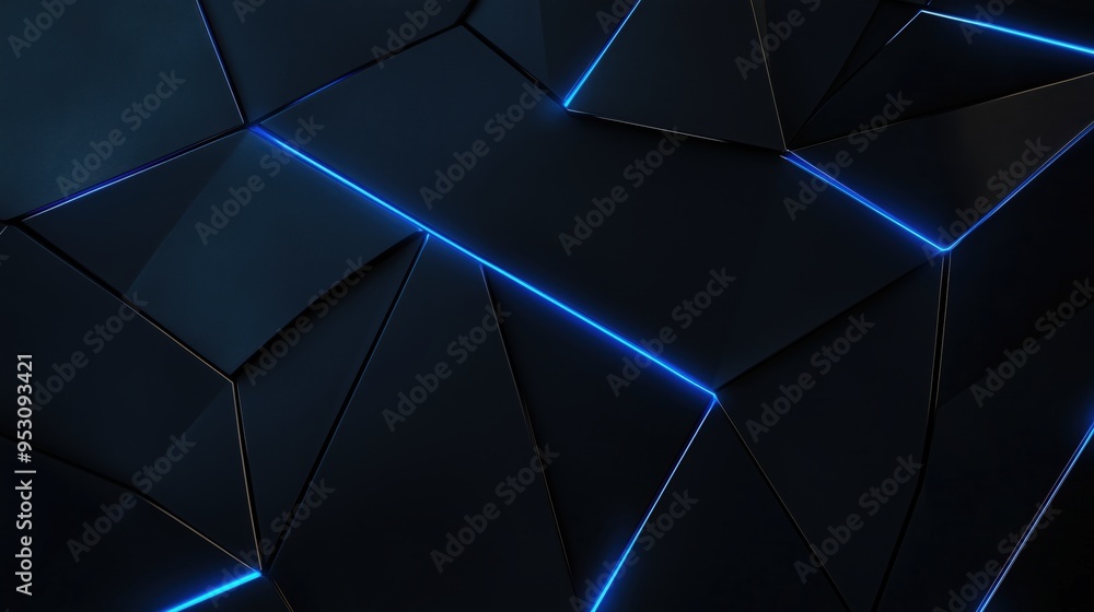 Poster a black and blue image with a lot of triangles and lines. the image is abstract and has a futuristic