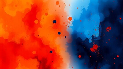 Fototapeta premium Abstract watercolor painting with red, orange, blue, and black splatters.