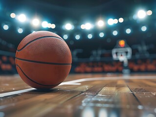 Basketball on the court, the bright colors of the ball and court markings stand out against