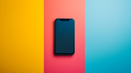 A smartphone placed centrally on a vibrant three-toned background during daylight in a contemporary setting