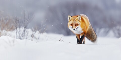 Obraz premium Ezo red fox, a subspecies of Vulpes vulpes, traversing snowy terrain.