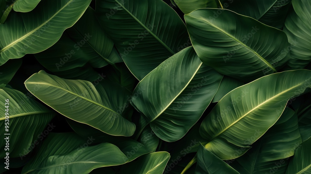 Poster a close up of green leaves with a bright green color. the leaves are very large and are spread out i