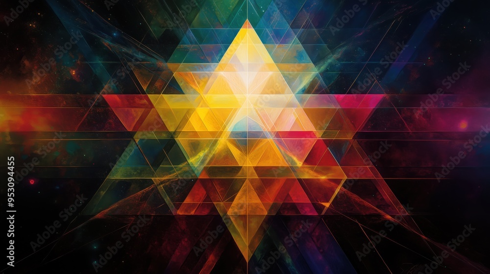 Poster a colorful abstract design with a yellow triangle in the center. the design is made up of many diffe