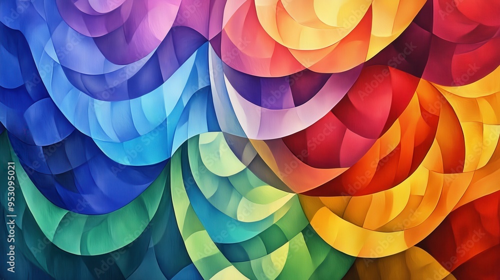 Poster a colorful painting with a rainbow of colors and a wave-like pattern. the painting is abstract and h