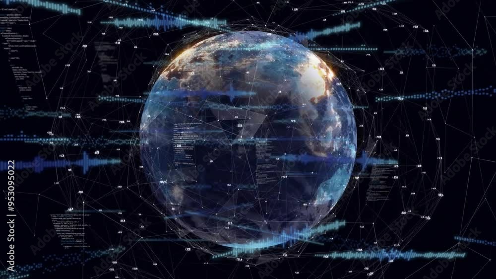 Poster rotating earth with network connections and data processing animation