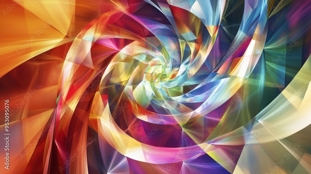 Poster a colorful spiral with a rainbow of colors. the spiral is made up of many different colors and shape