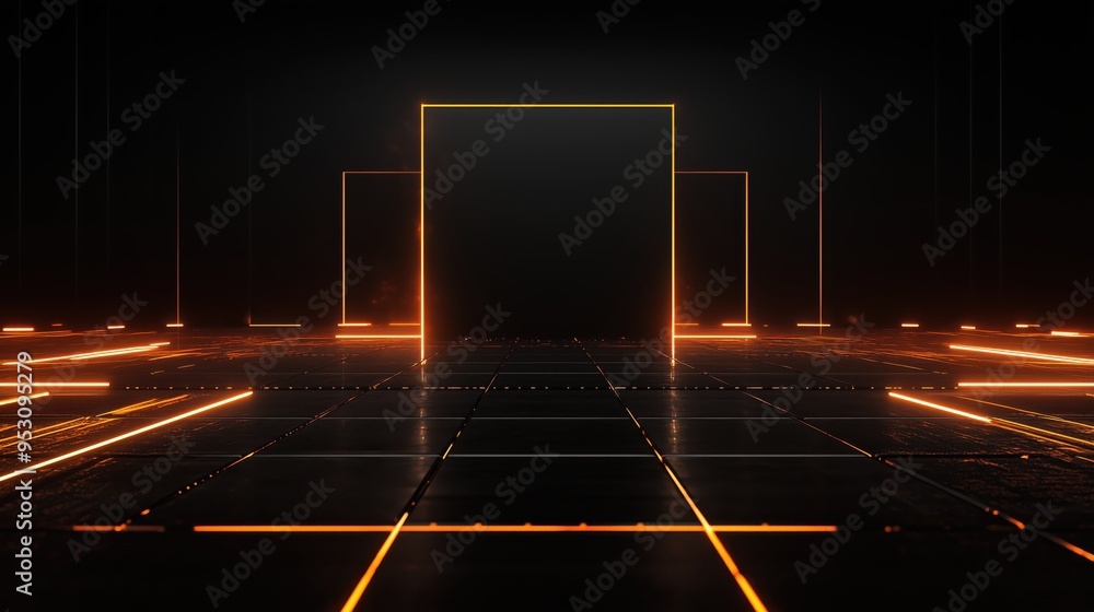 Poster a dark room with a large orange square in the middle. the square is surrounded by a series of smalle