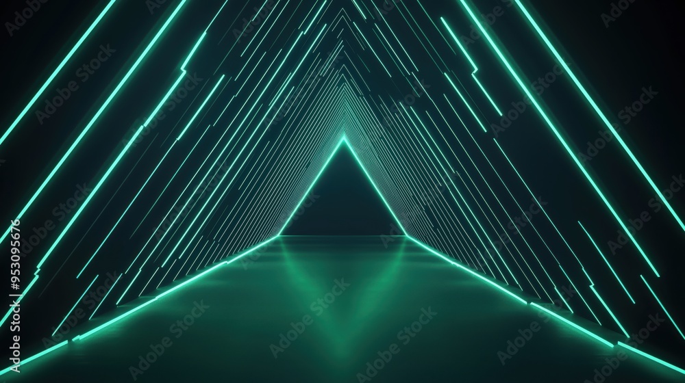 Poster A green neon lighted tunnel with a triangular shape. The tunnel is lit up and he is a futuristic space
