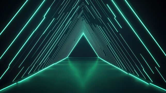 A green neon lighted tunnel with a triangular shape. The tunnel is lit up and he is a futuristic space