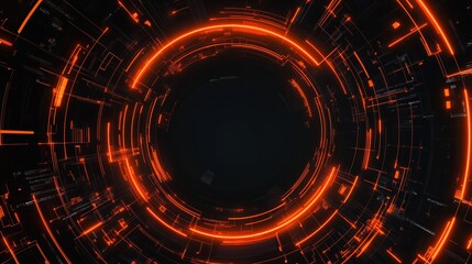 Obraz premium A large orange circle with a black background. The circle is surrounded by a lot of orange lines