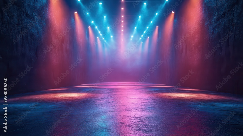 Aufkleber 3d render digital illustration of an empty stage with a bright projector shining glowing laser rays 