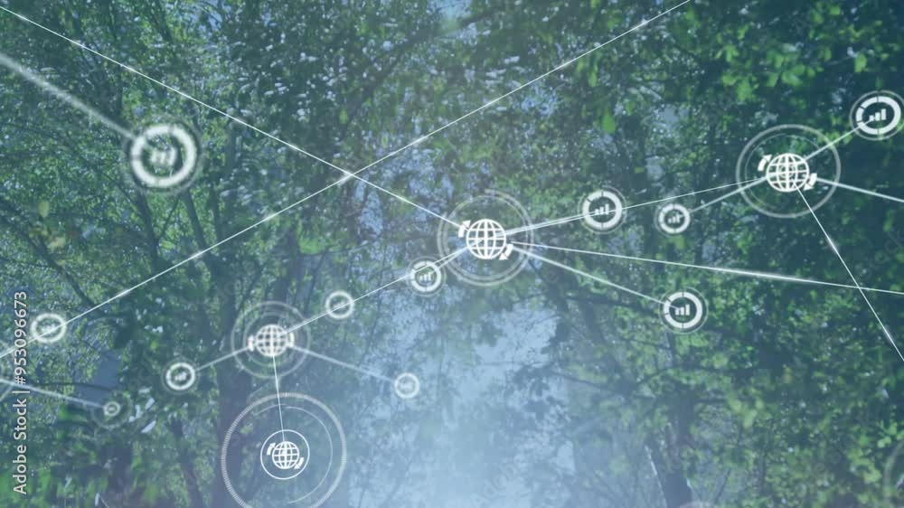 Aufkleber network of connections and data processing animation over forest background