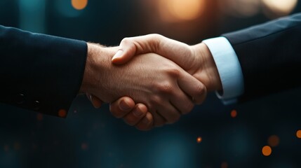 A dramatic photo of a businessman shaking hands with a competitor after a successful negotiation.