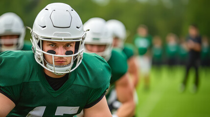 Football players driving blocking sleds across a vibrant green practice field