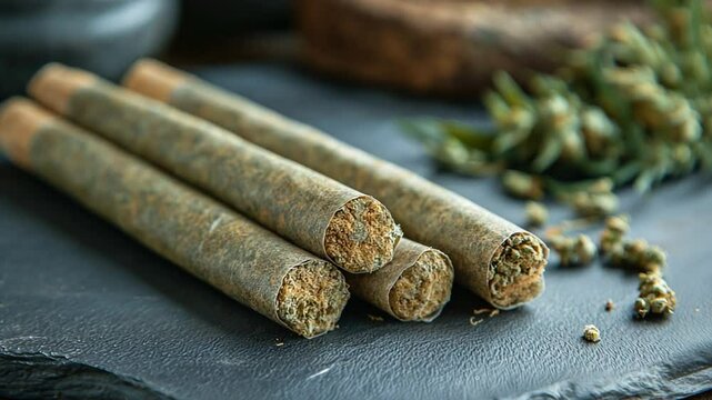 Rolling a blunt cannabis joint and placing a cannabis bud or flower on the table