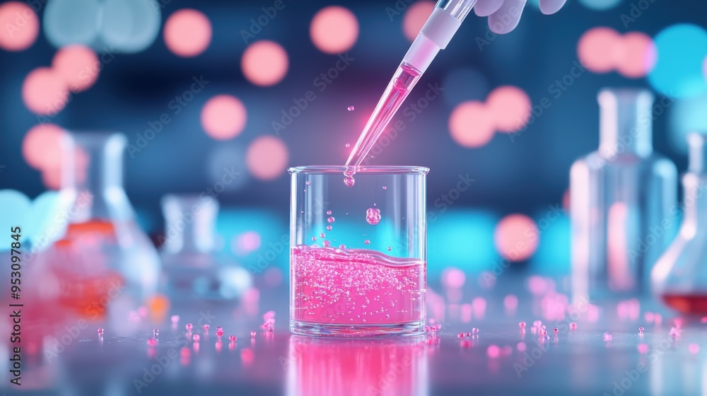 Poster A scientist carefully pipettes a brightly colored liquid into a test tube, surrounded by other lab equipment and beakers.