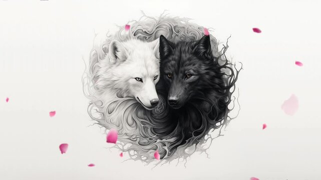 A Pair of Black and White Wolf Heads Side By Side With Flowing Pink Flower Petals