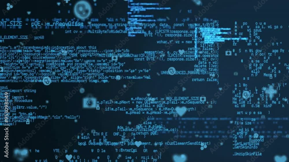 Poster Computer code and icons animation over dark background with floating particles