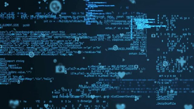 Computer code and icons animation over dark background with floating particles