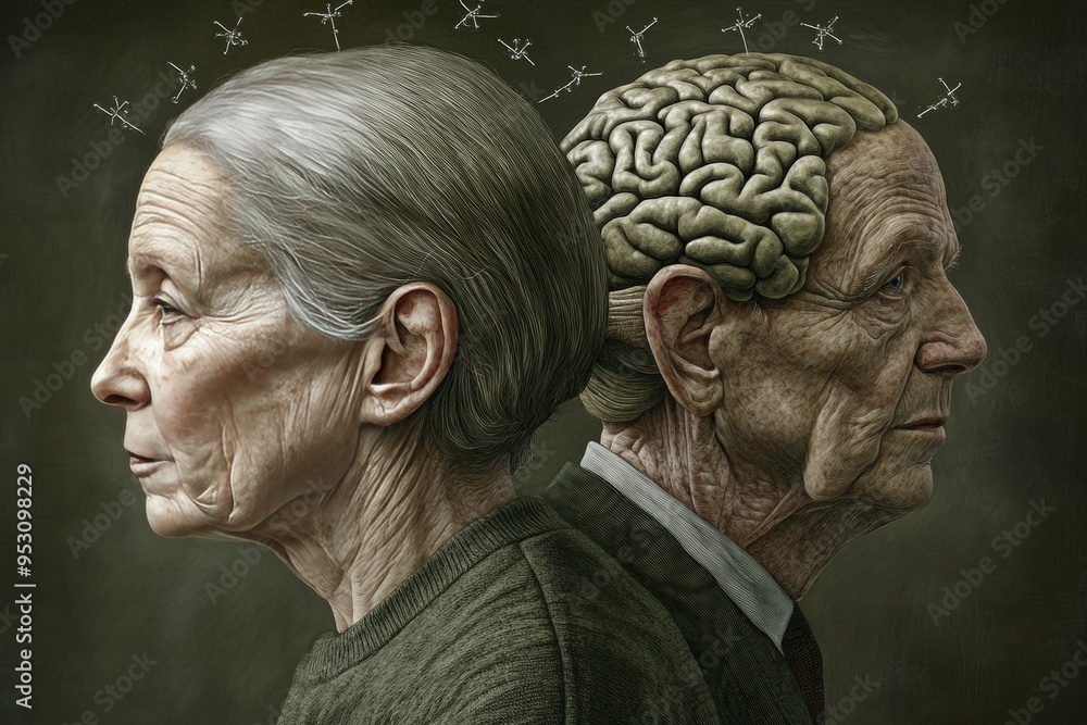 Aufkleber double portrait of an elderly couple with brain illustrations emphasizing the depth of memory and sh