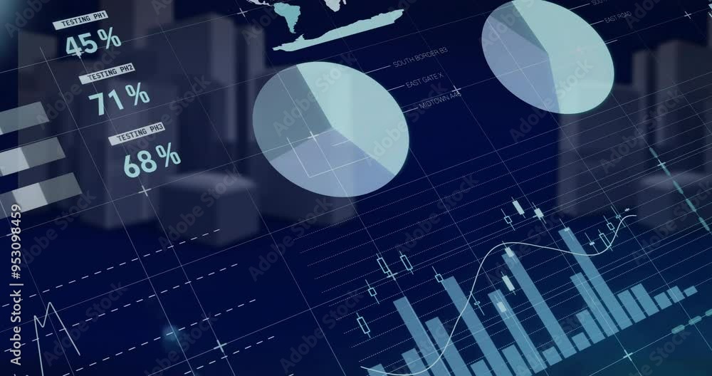 Poster financial charts and graphs animation over world map and data analysis
