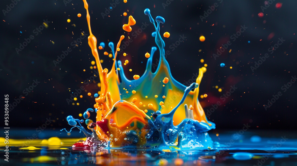 Poster vibrant splash of colorful paints creating dynamic patterns. a stunning display of color as paint sp