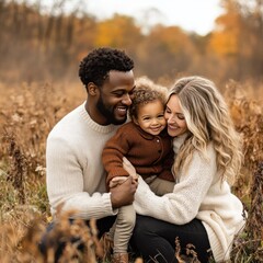 Golden autumn leaves, cozy moments, and genuine smiles captured in interracial family fall photoshoot. Cherish these heartwarming seasonal memories with vibrant colors and natural light. 