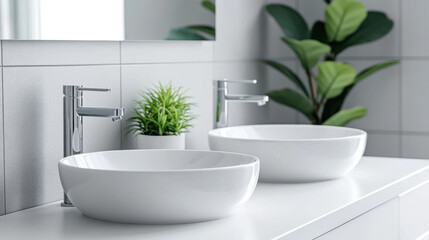 Bright modern bathroom featuring dual vessel sinks, chrome faucets, and potted plants for a clean, minimalist aesthetic.
