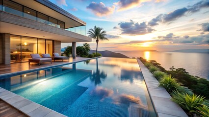 Fototapeta premium Luxury infinity swimming pool at modern house at sunset